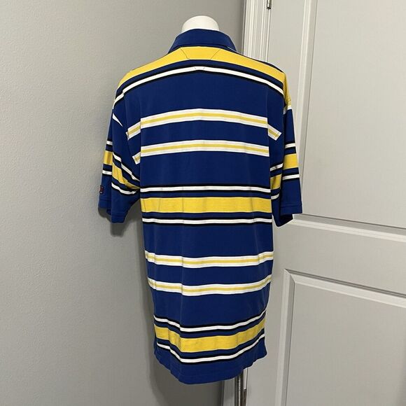 Tommy Hilfiger Polo Golf Shirt Mens L Short Sleeve Yellow Blue Striped Club Logo - Picture 3 of 10
